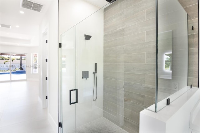 full bath with visible vents, recessed lighting, and a stall shower