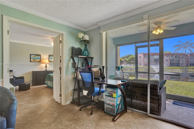 tiled office space featuring a textured ceiling, crown molding, and a ceiling fan