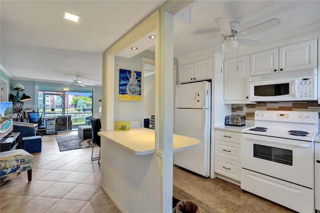 kitchen with white appliances, light tile patterned flooring, ceiling fan, white cabinets, and open floor plan