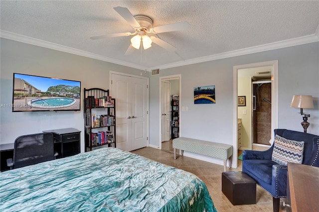 bedroom with a ceiling fan, visible vents, tile patterned flooring, a textured ceiling, and crown molding