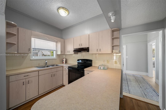 kitchen with open shelves, under cabinet range hood, light countertops, electric range, and a sink