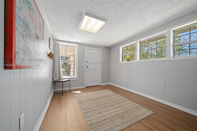 foyer entrance with baseboards, plenty of natural light, a textured ceiling, and wood finished floors