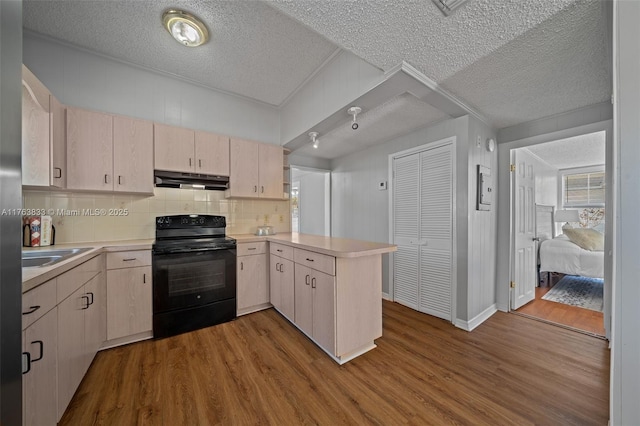 kitchen with black / electric stove, dark wood finished floors, a peninsula, light countertops, and under cabinet range hood