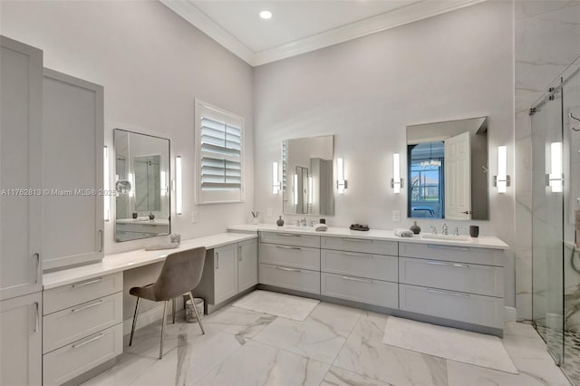 full bath featuring marble finish floor, a stall shower, a sink, crown molding, and double vanity