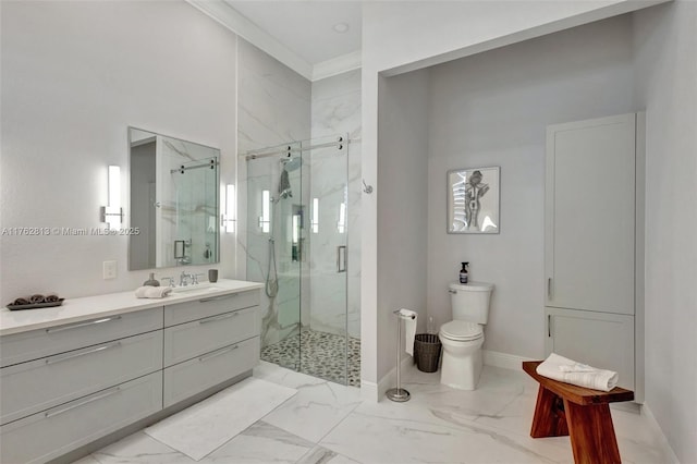 bathroom featuring a marble finish shower, baseboards, toilet, marble finish floor, and vanity