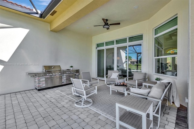 view of patio / terrace featuring a ceiling fan, area for grilling, an outdoor hangout area, a lanai, and a grill