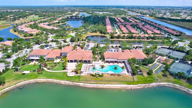 aerial view featuring a water view