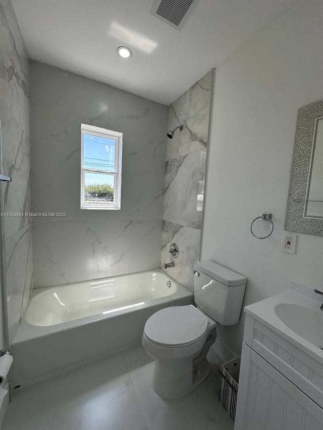 full bath with vanity, visible vents,  shower combination, toilet, and marble finish floor