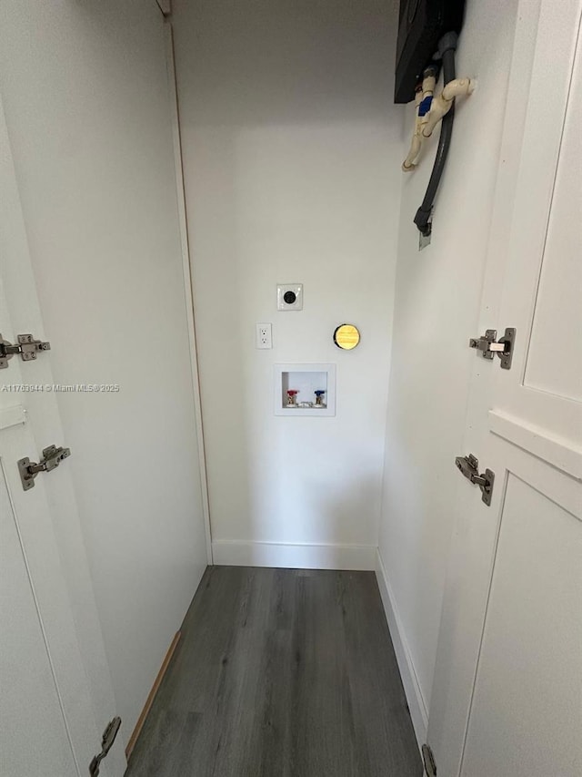 washroom with baseboards, laundry area, hookup for a washing machine, dark wood-style floors, and electric dryer hookup