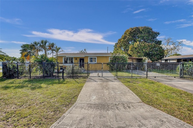 view of front facade featuring a fenced front yard, stucco siding, a front lawn, and a gate