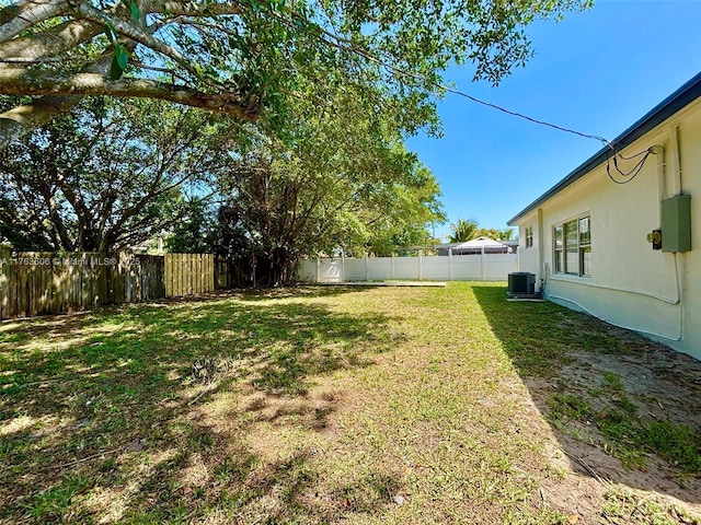 view of yard featuring central AC unit and a fenced backyard