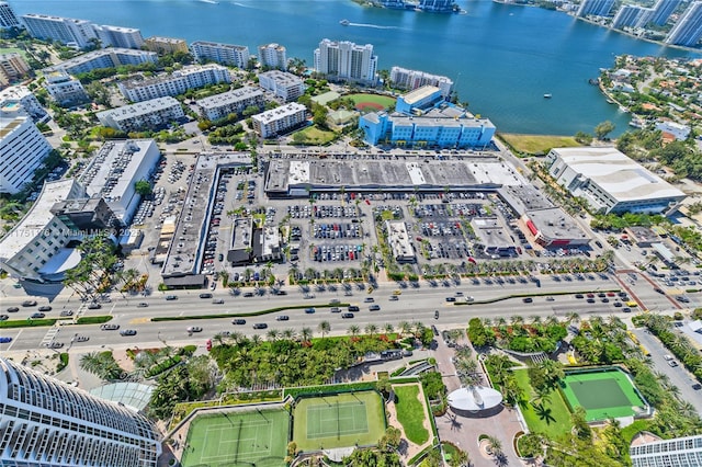 bird's eye view featuring a city view and a water view