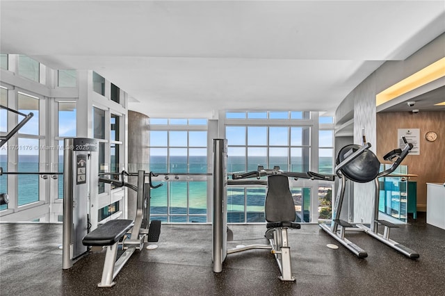 exercise room featuring a water view and wood walls