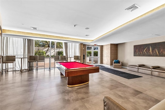 playroom featuring pool table, baseboards, french doors, and visible vents