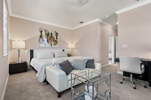 bedroom with visible vents, ornamental molding, baseboards, and carpet floors