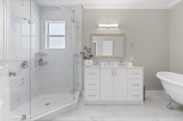 full bath featuring marble finish floor, ornamental molding, a marble finish shower, a freestanding bath, and vanity