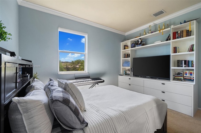 bedroom with visible vents, light carpet, and ornamental molding