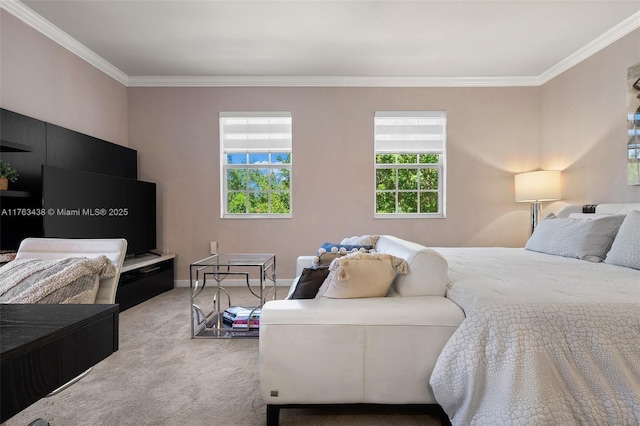 carpeted bedroom featuring crown molding and baseboards