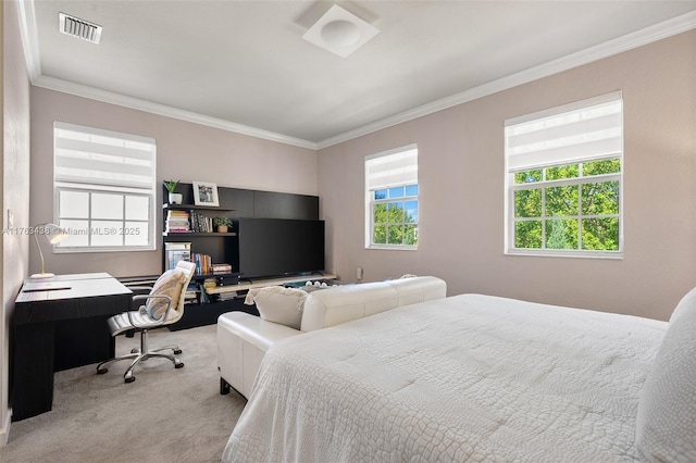 bedroom with visible vents, carpet floors, and ornamental molding