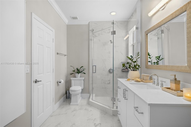 full bathroom with a marble finish shower, visible vents, crown molding, toilet, and marble finish floor