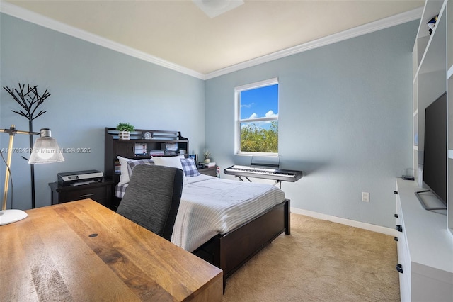 bedroom featuring light carpet, baseboards, and ornamental molding