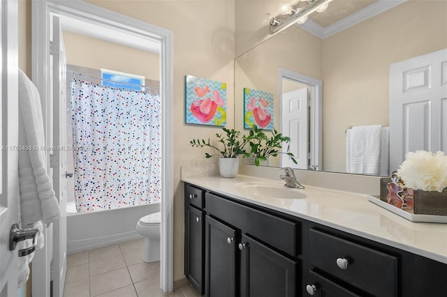 bathroom with toilet, ornamental molding, shower / tub combo, tile patterned floors, and vanity