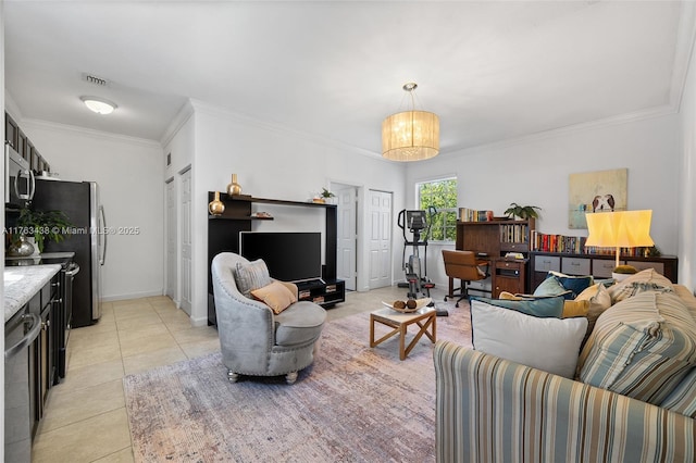 living area featuring light tile patterned floors, visible vents, baseboards, and ornamental molding