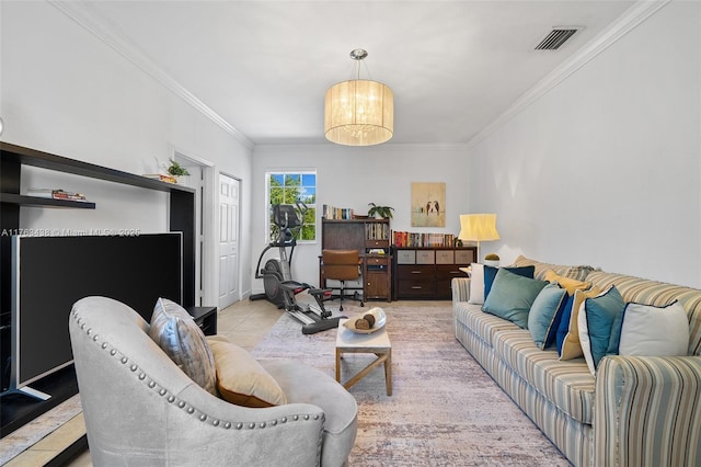 living area with light tile patterned floors, visible vents, baseboards, and ornamental molding