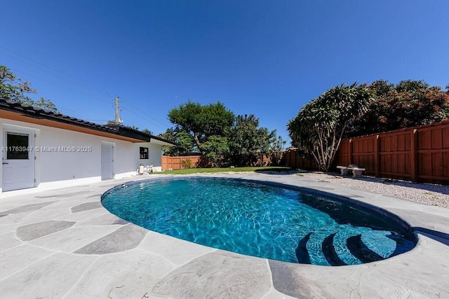 view of swimming pool featuring a patio area, a fenced backyard, and a fenced in pool