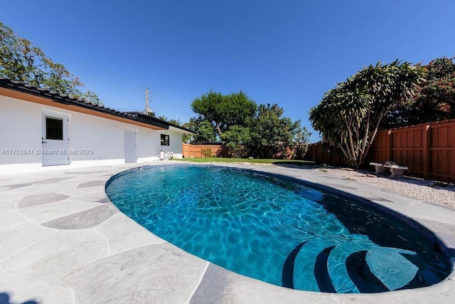 view of pool with a fenced in pool, a fenced backyard, and a patio area