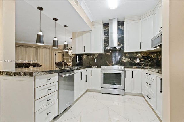 kitchen with a peninsula, stainless steel appliances, decorative backsplash, wall chimney range hood, and marble finish floor