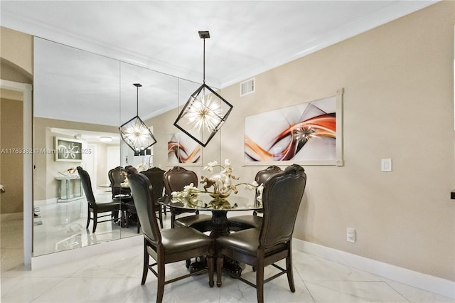 dining space with visible vents, marble finish floor, crown molding, and baseboards