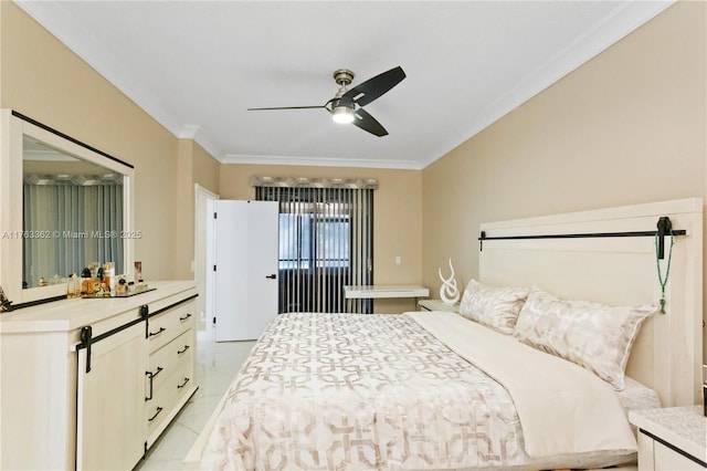 bedroom with crown molding, marble finish floor, and ceiling fan