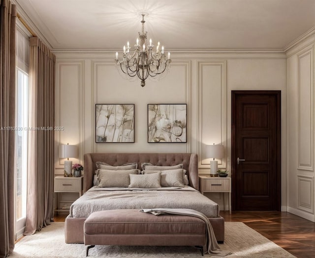 bedroom featuring a notable chandelier and ornamental molding