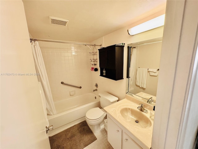 full bathroom with visible vents, toilet, shower / tub combo, tile patterned floors, and vanity