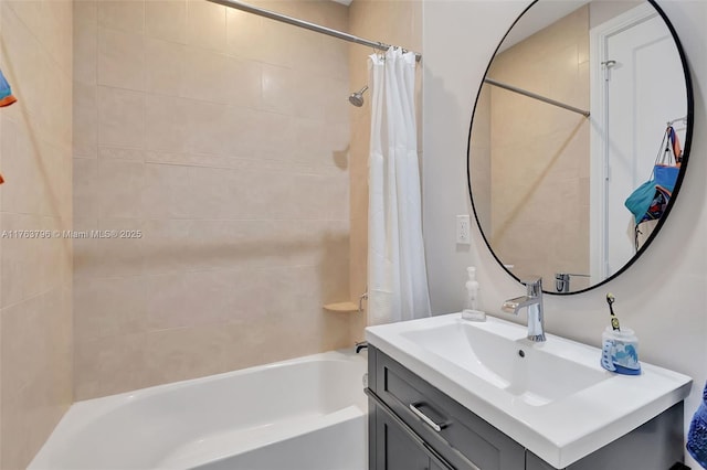 full bath featuring vanity and shower / bath combination with curtain