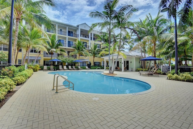 community pool with a patio area