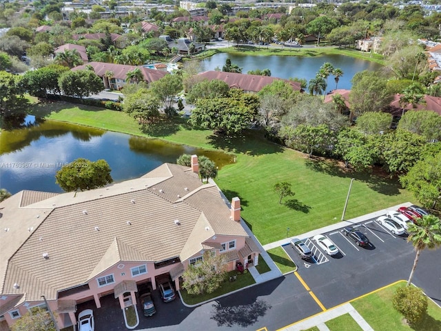 aerial view featuring a water view