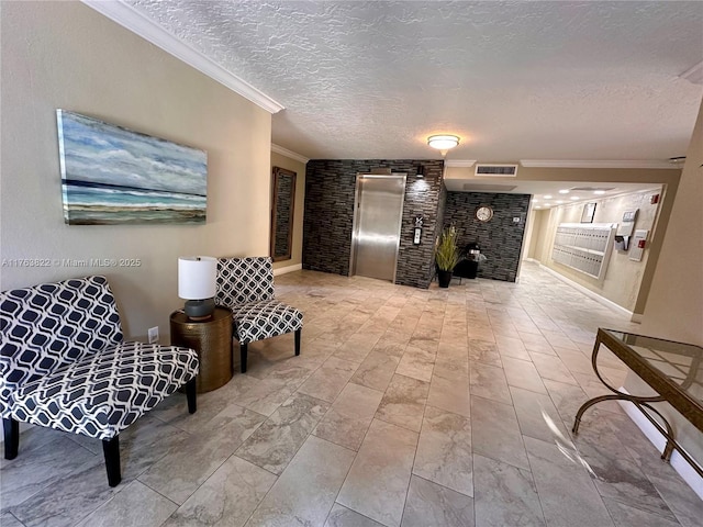 interior space with crown molding, elevator, visible vents, and a textured ceiling