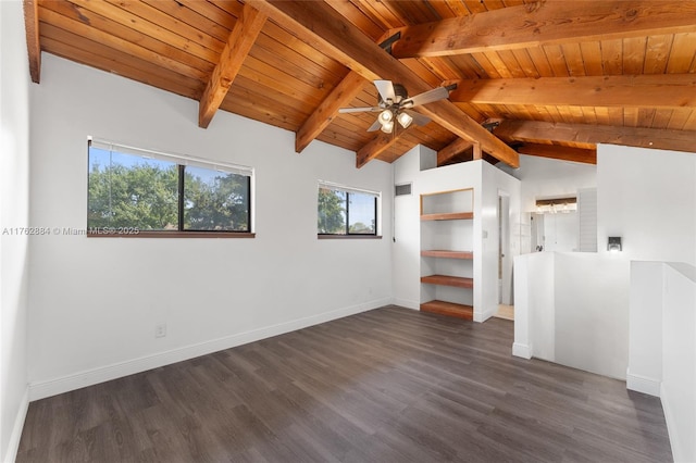 unfurnished room featuring vaulted ceiling with beams, baseboards, ceiling fan, wood ceiling, and dark wood-style floors