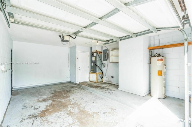 garage with electric panel, electric water heater, a garage door opener, and concrete block wall