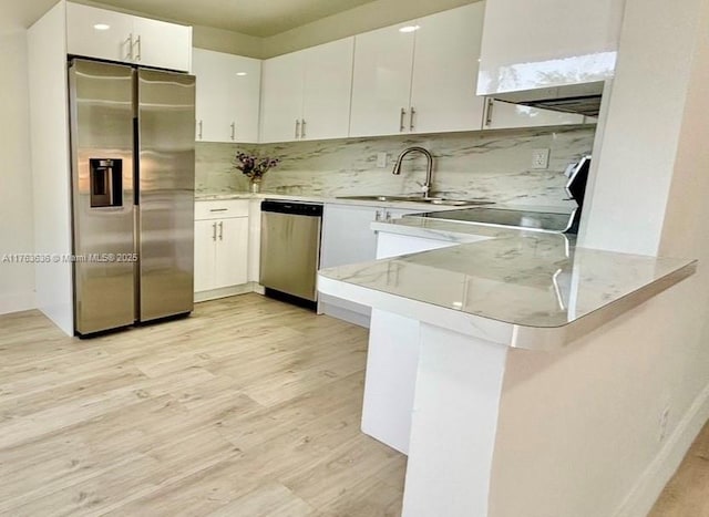 kitchen with a peninsula, a sink, white cabinets, appliances with stainless steel finishes, and light wood-type flooring