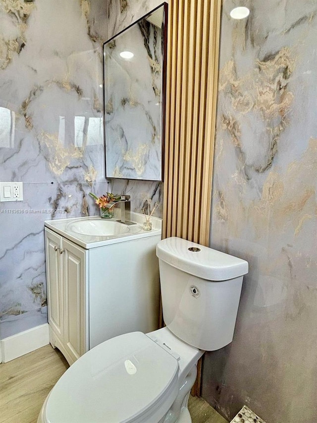 bathroom featuring vanity, toilet, and wood finished floors