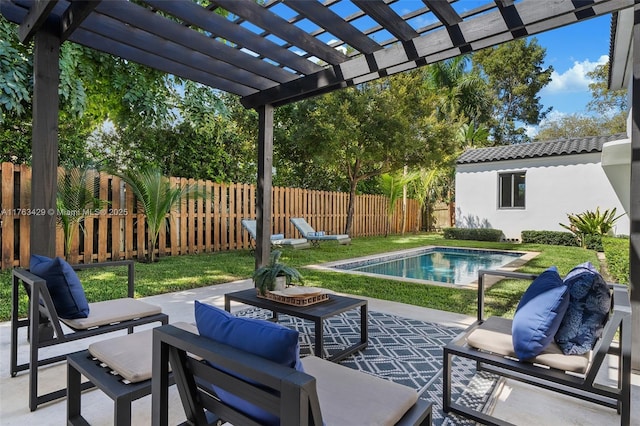 view of patio with outdoor lounge area, fence, a fenced in pool, and a pergola