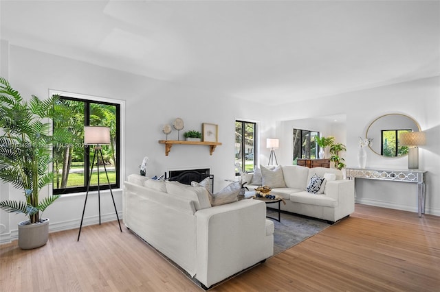 living room featuring light wood-style flooring and a fireplace