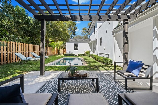 view of patio with a pergola, an outdoor hangout area, fence, and a fenced in pool