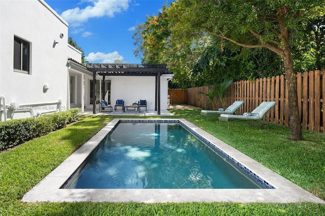 view of pool featuring a fenced backyard, a pergola, a patio area, and a lawn