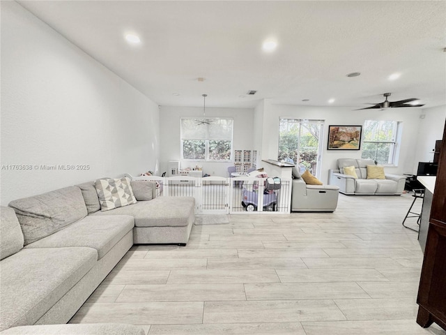 17130 SW 36th Ct Unit 17130, Miramar, FL 33027 - living room with visible vents, recessed lighting, ceiling fan, and wood tiled floor
