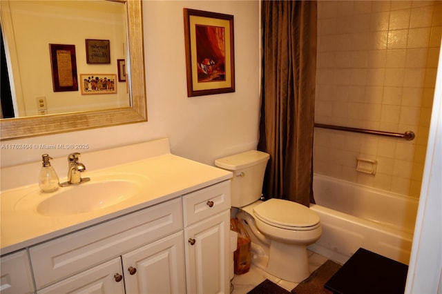 full bath featuring vanity, toilet, and shower / tub combo with curtain