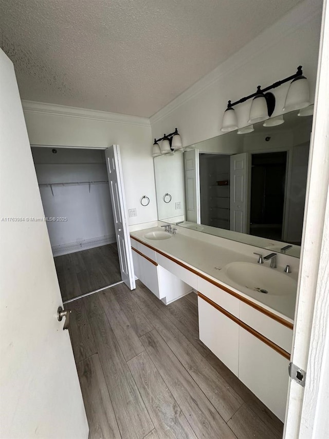 full bath featuring crown molding, double vanity, wood finished floors, a textured ceiling, and a sink